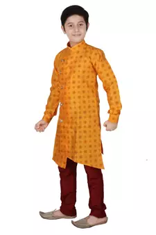 Yellow Floral Design Silk  Boys Kurta Pajama Set