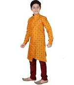 Yellow Floral Design Silk  Boys Kurta Pajama Set