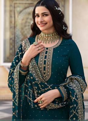 Dark Teal Silk Blend Party Wear Salwar Kameez 2