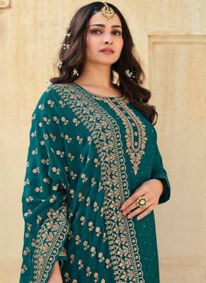 Teal Silk Blend Party Wear Salwar Kameez 2