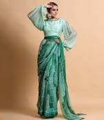 Green Chiffon Plain Saree With Blouse And Belt