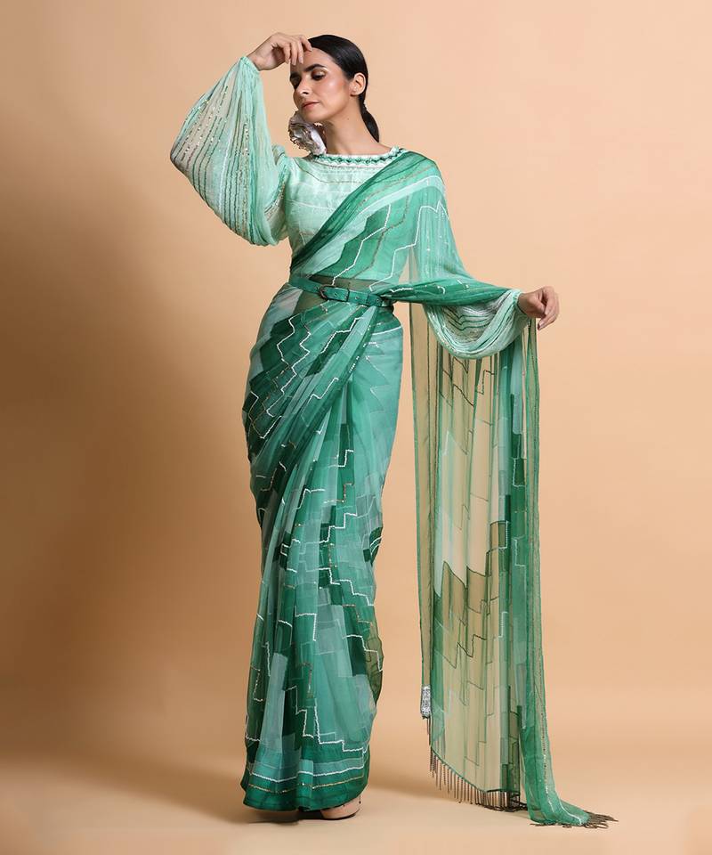 Green Chiffon Plain Saree With Blouse And Belt