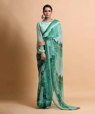 Green Chiffon Plain Saree With Blouse And Belt 4