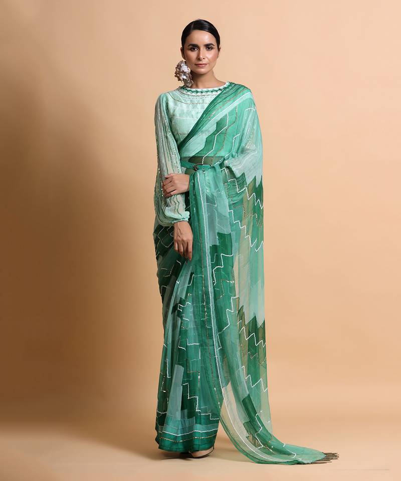 Green Chiffon Plain Saree With Blouse And Belt