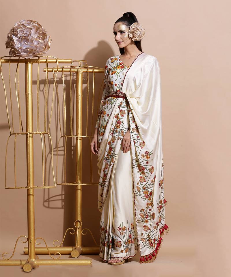 Cream Chanderi Saree With Blouse