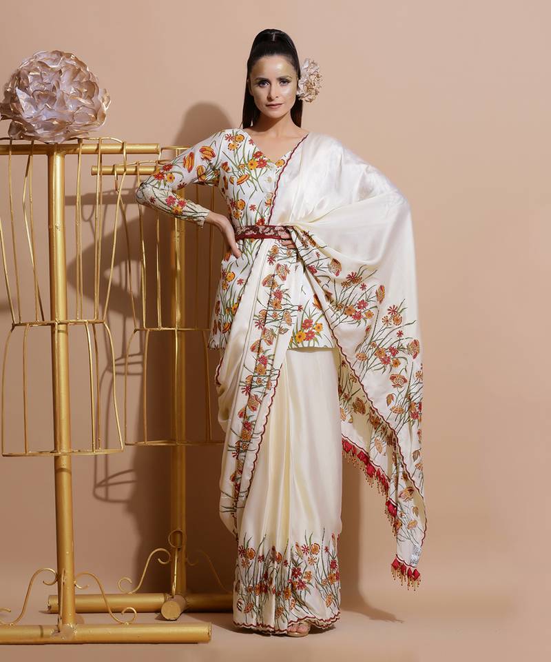 Cream Chanderi Saree With Blouse