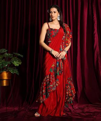 Red Frill Saree With Blouse 1