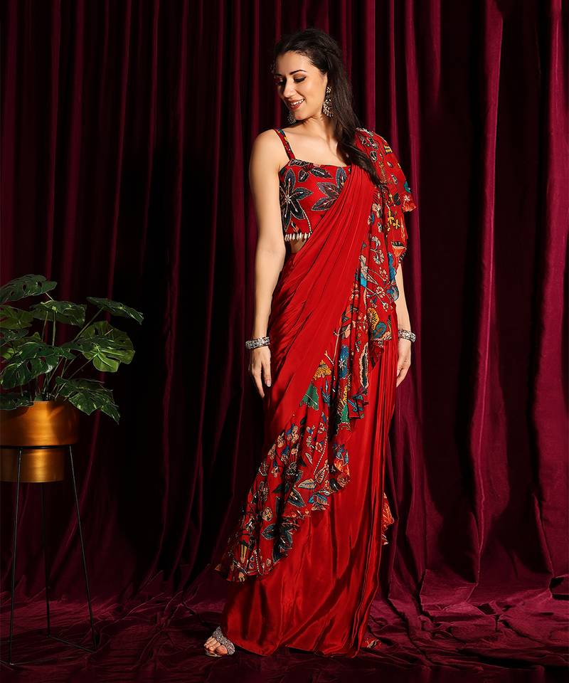 Red Frill Saree With Blouse