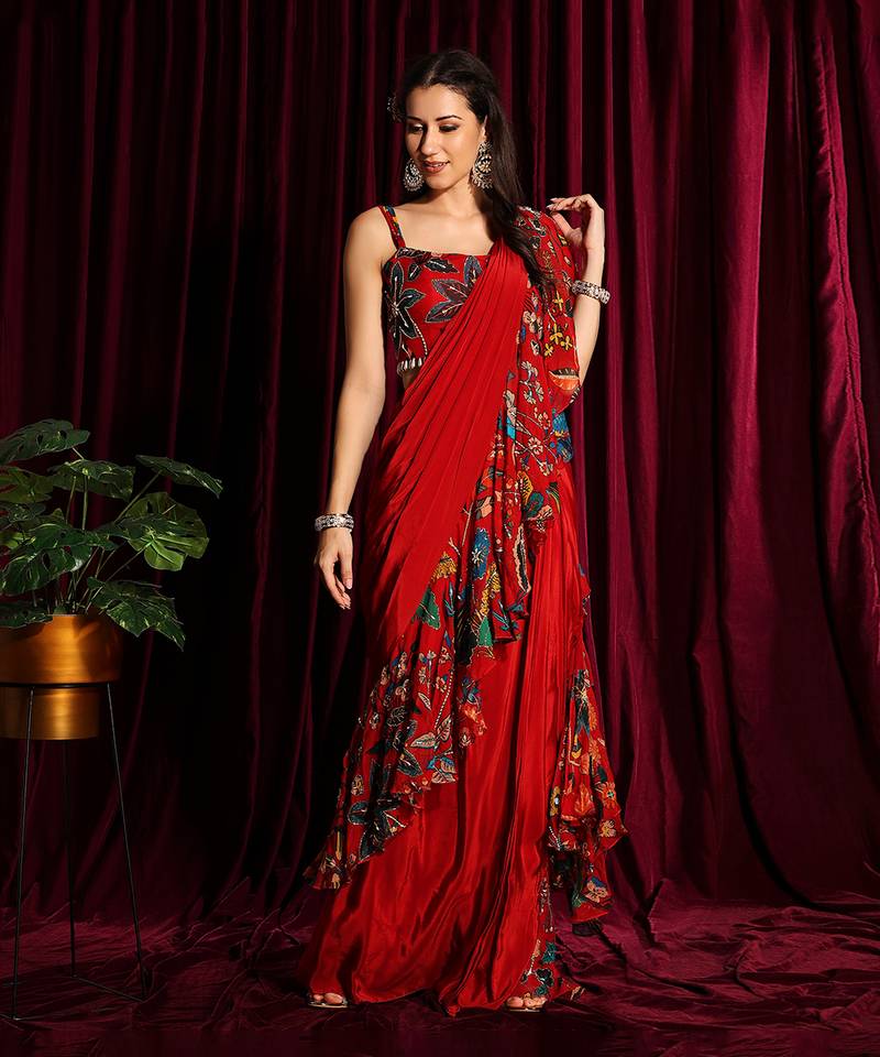 Red Frill Saree With Blouse