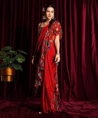 Red Frill Saree With Blouse 4