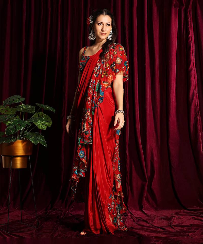Red Frill Saree With Blouse