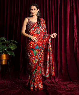 Red Crepe Saree With Blouse 1