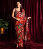 Red Crepe Saree With Blouse