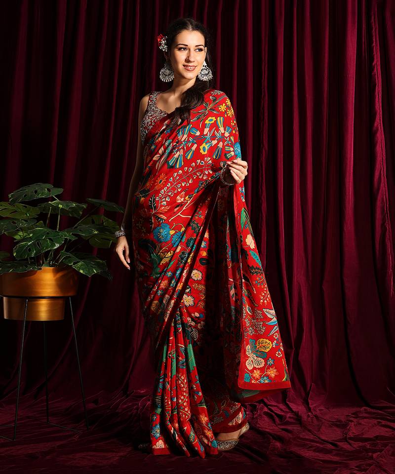 Red Crepe Saree With Blouse