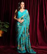 Turquoise Crepe Saree And Blouse