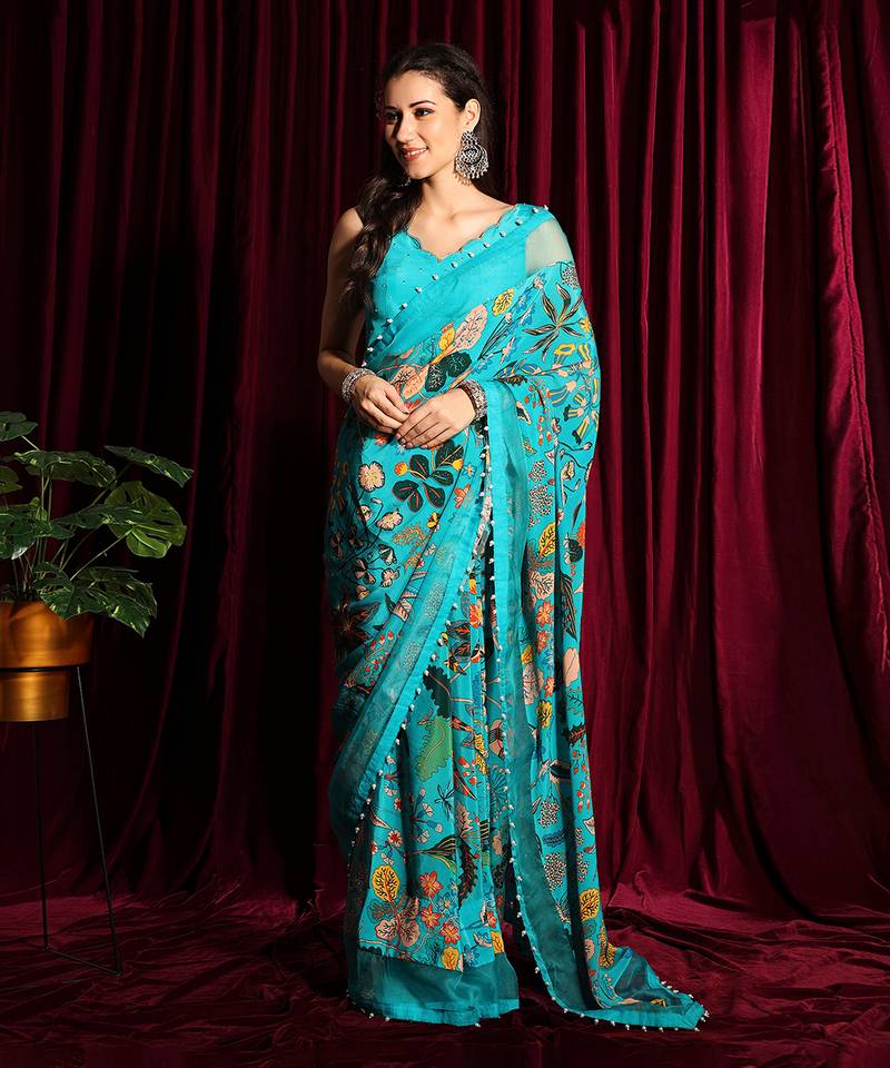 Turquoise Crepe Saree And Blouse