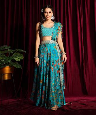 Turquoise Silk Saree With Blouse 1