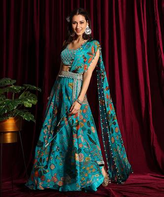 Turquoise Silk Saree With Blouse 2