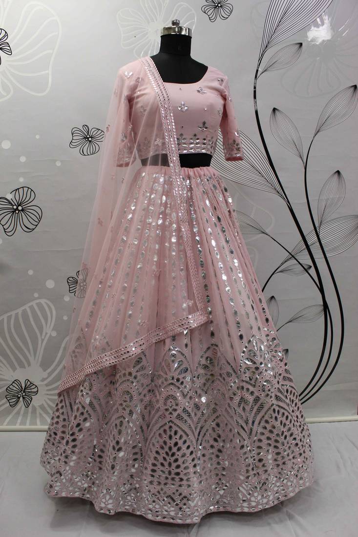 Shubhkala Delightful Pink Gota Patti Embroidered Georgette Semi Stitched Party Wear Lehenga