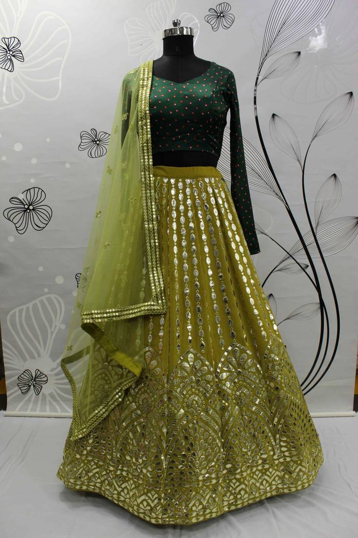 Shubhkala Graceful Floracance Green Gota Patti Embroidered Georgette Semi Stitched Lehenga Choli