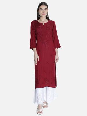 Hand Embroidered Maroon Rayon Chikankari-Kurtis 1