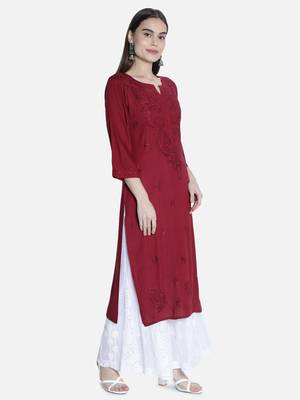 Hand Embroidered Maroon Rayon Chikankari-Kurtis 3