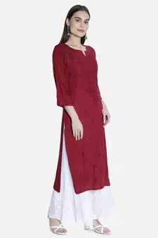 Hand Embroidered Maroon Rayon Chikankari-Kurtis
