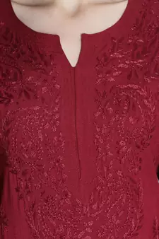 Hand Embroidered Maroon Rayon Chikankari-Kurtis