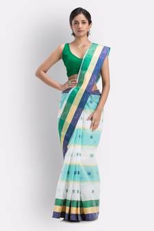 White Hand Woven Cotton Saree Without Blouse