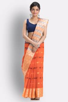 Orange Hand Woven Cotton Saree Without Blouse