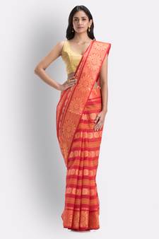 Red Hand Woven Cotton Saree Without Blouse