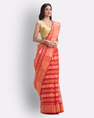 Red Hand Woven Cotton Saree Without Blouse 3