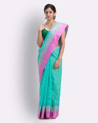 Blue Hand Woven Cotton Saree Without Blouse 1