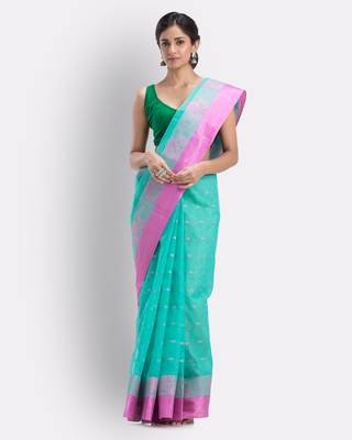 Blue Hand Woven Cotton Saree Without Blouse 2