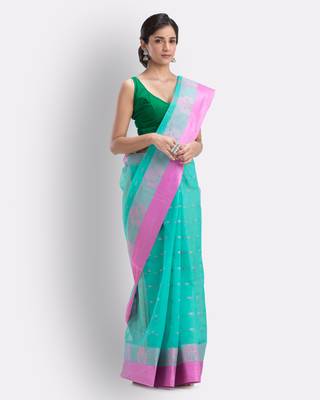 Blue Hand Woven Cotton Saree Without Blouse 3