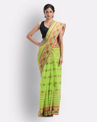 Green Hand Woven Cotton Saree Without Blouse 1