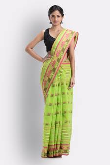 Green Hand Woven Cotton Saree Without Blouse