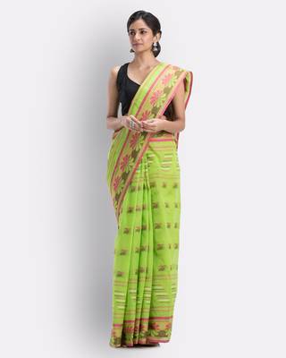 Green Hand Woven Cotton Saree Without Blouse 2