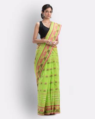 Green Hand Woven Cotton Saree Without Blouse 3