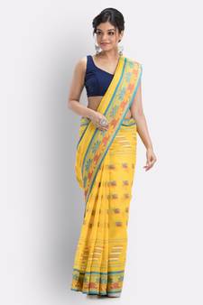 Yellow Hand Woven Cotton Saree Without Blouse