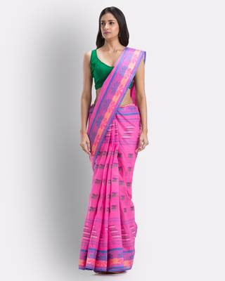 Pink Hand Woven Cotton Saree Without Blouse 4