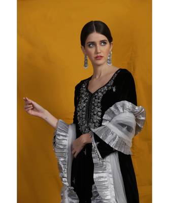 velvet black sharara suit with silver  embroidery  net frill duppatta 1