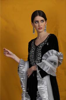 velvet black sharara suit with silver  embroidery  net frill duppatta