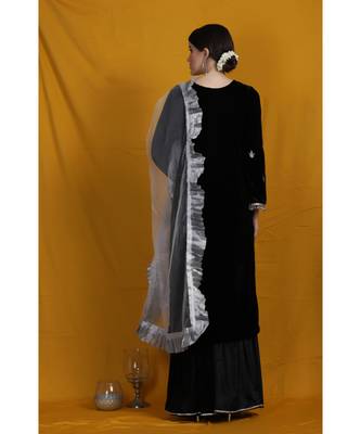 velvet black sharara suit with silver  embroidery  net frill duppatta 2