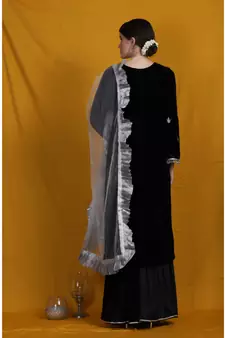 velvet black sharara suit with silver  embroidery  net frill duppatta