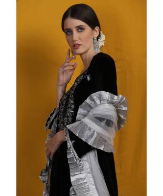 velvet black sharara suit with silver  embroidery  net frill duppatta 3