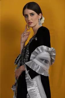 velvet black sharara suit with silver  embroidery  net frill duppatta