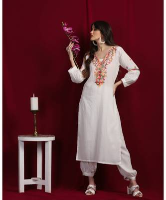 Pure Cotton  multicolour thread kurti with pleated sleeves and  pleated salwar 2