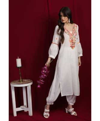 Pure Cotton  multicolour thread kurti with pleated sleeves and  pleated salwar 3