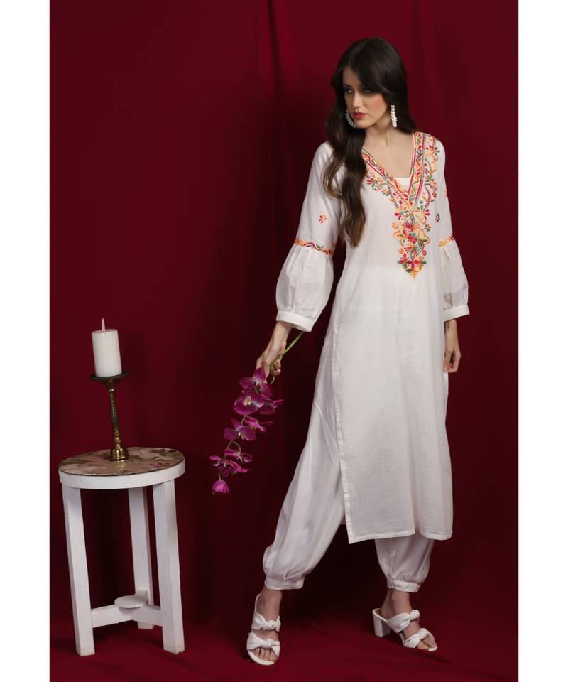 Pure Cotton  multicolour thread kurti with pleated sleeves and  pleated salwar